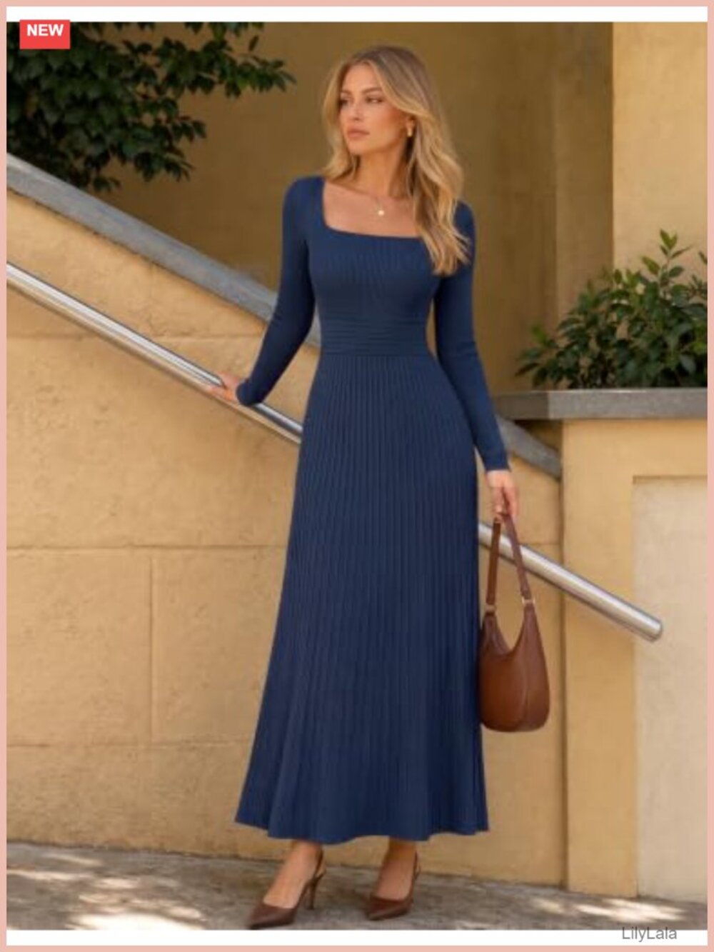 MEROKEETY Women's Sweater Dress Long Sleeve Square Neck Midi A-Line - Picture 2 of 6
